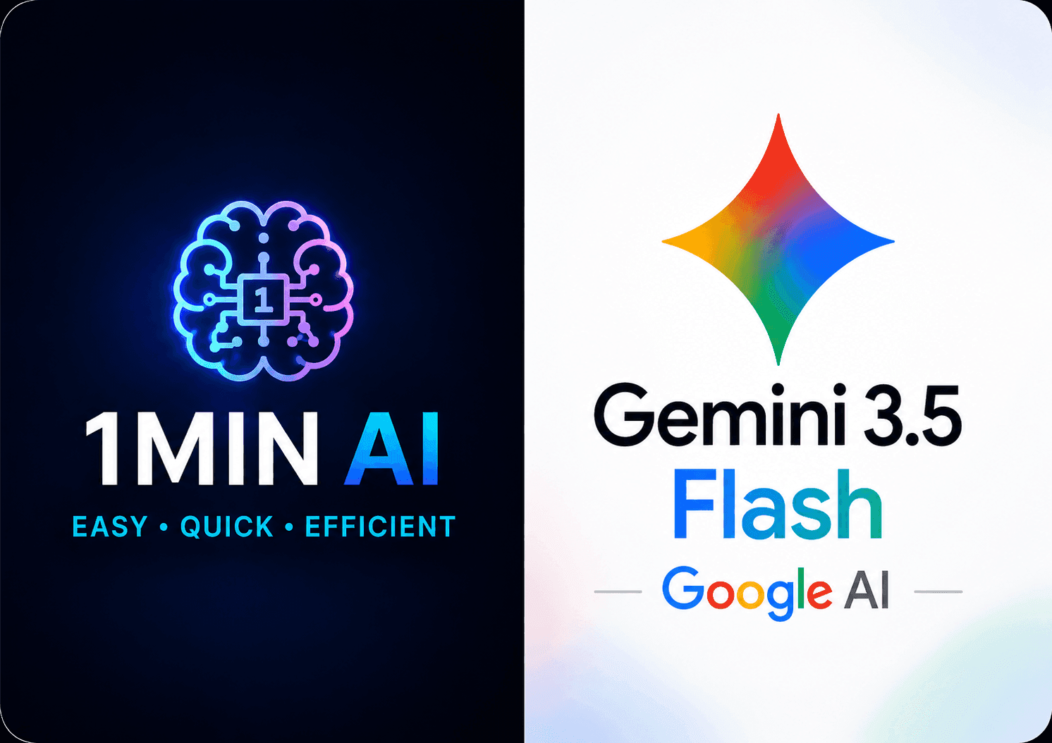 Split image: 1MIN AI with brain icon, and Gemini 3.5 Flash by Google AI.