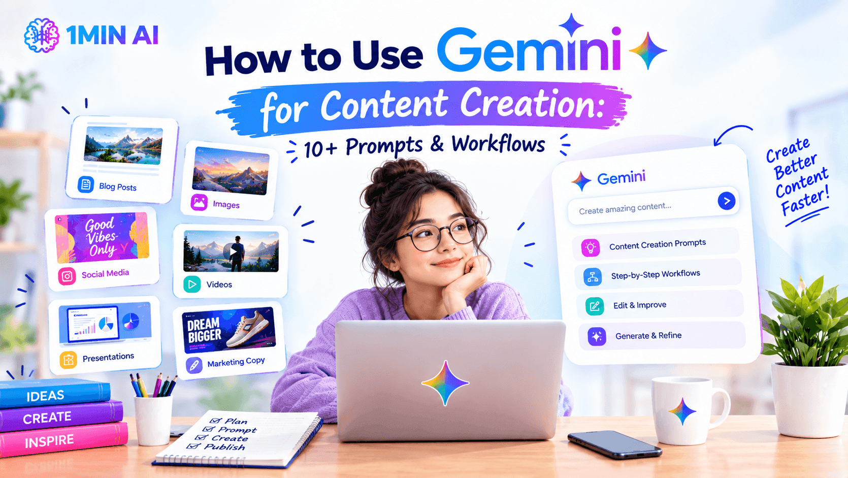Woman at laptop with graphics explaining how to use Gemini for content creation.