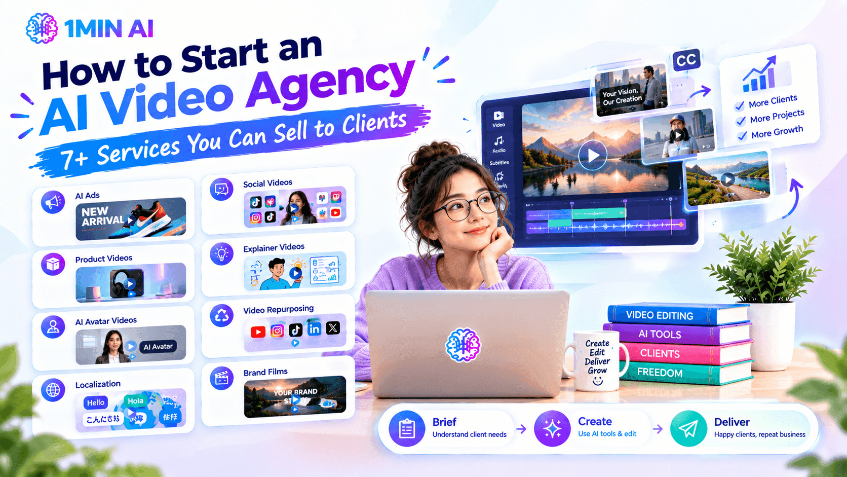 Woman with laptop, graphic for starting an AI video agency and its services.