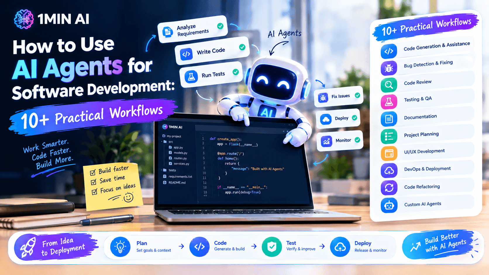 AI robot on laptop demonstrates using AI agents for software development workflows.