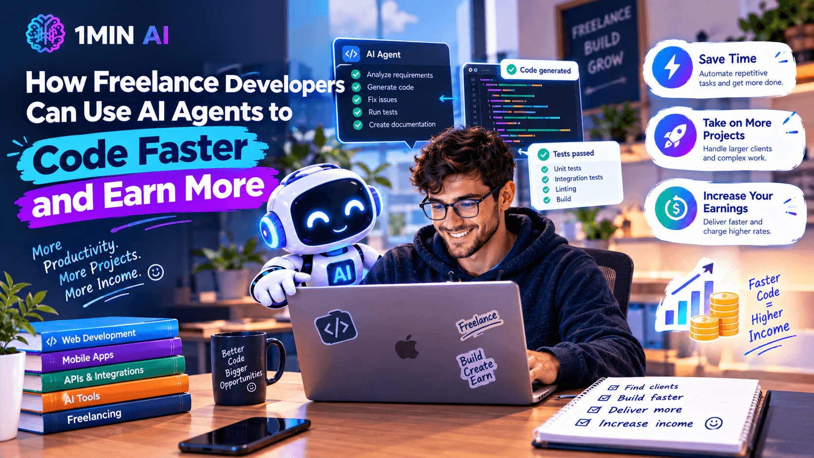 Smiling developer uses laptop with AI robot for faster coding and increased earnings.