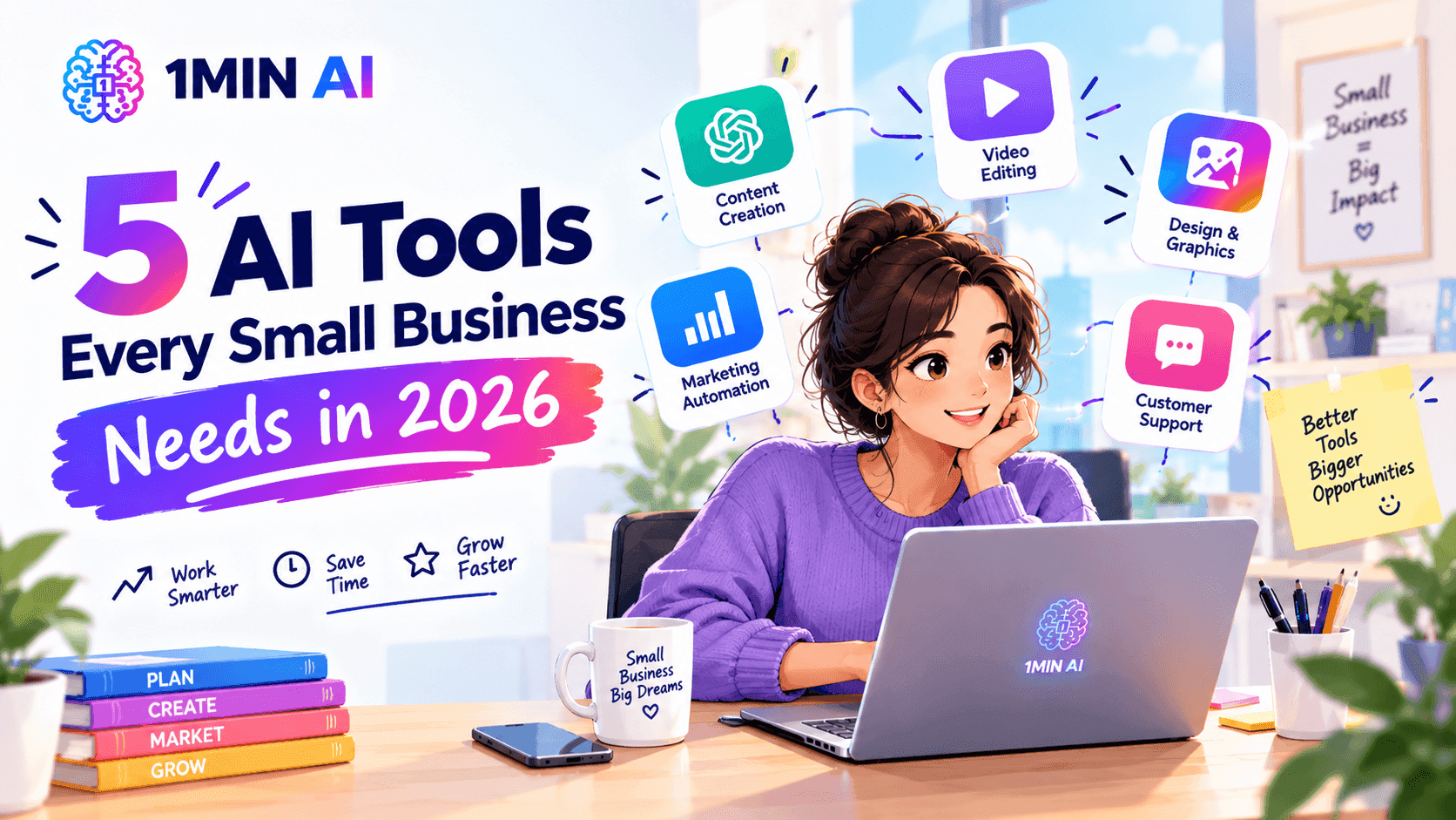Cartoon woman at laptop, showcasing 5 AI tools for small businesses in 2026.