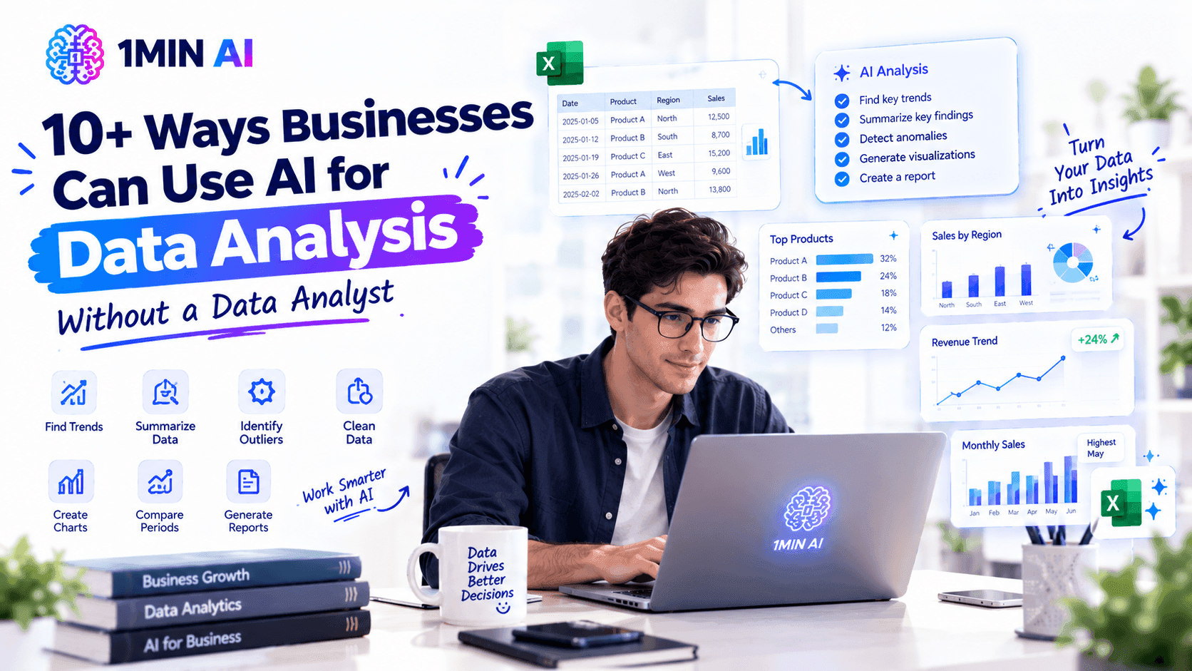 Man on laptop illustrates '10+ Ways Businesses Can Use AI for Data Analysis' with graphs.