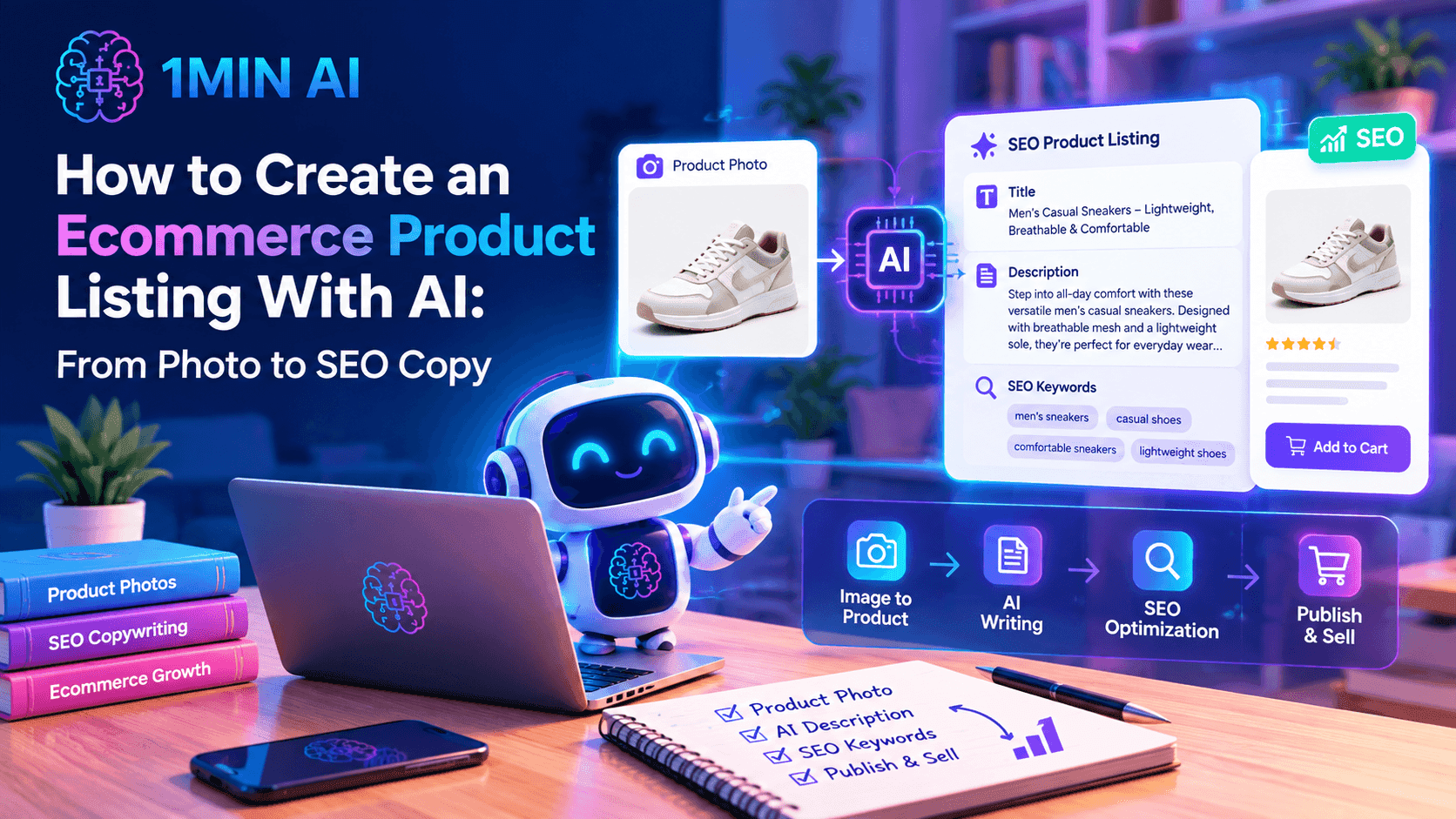 AI robot demonstrating how to create e-commerce product listings from photo to SEO copy.