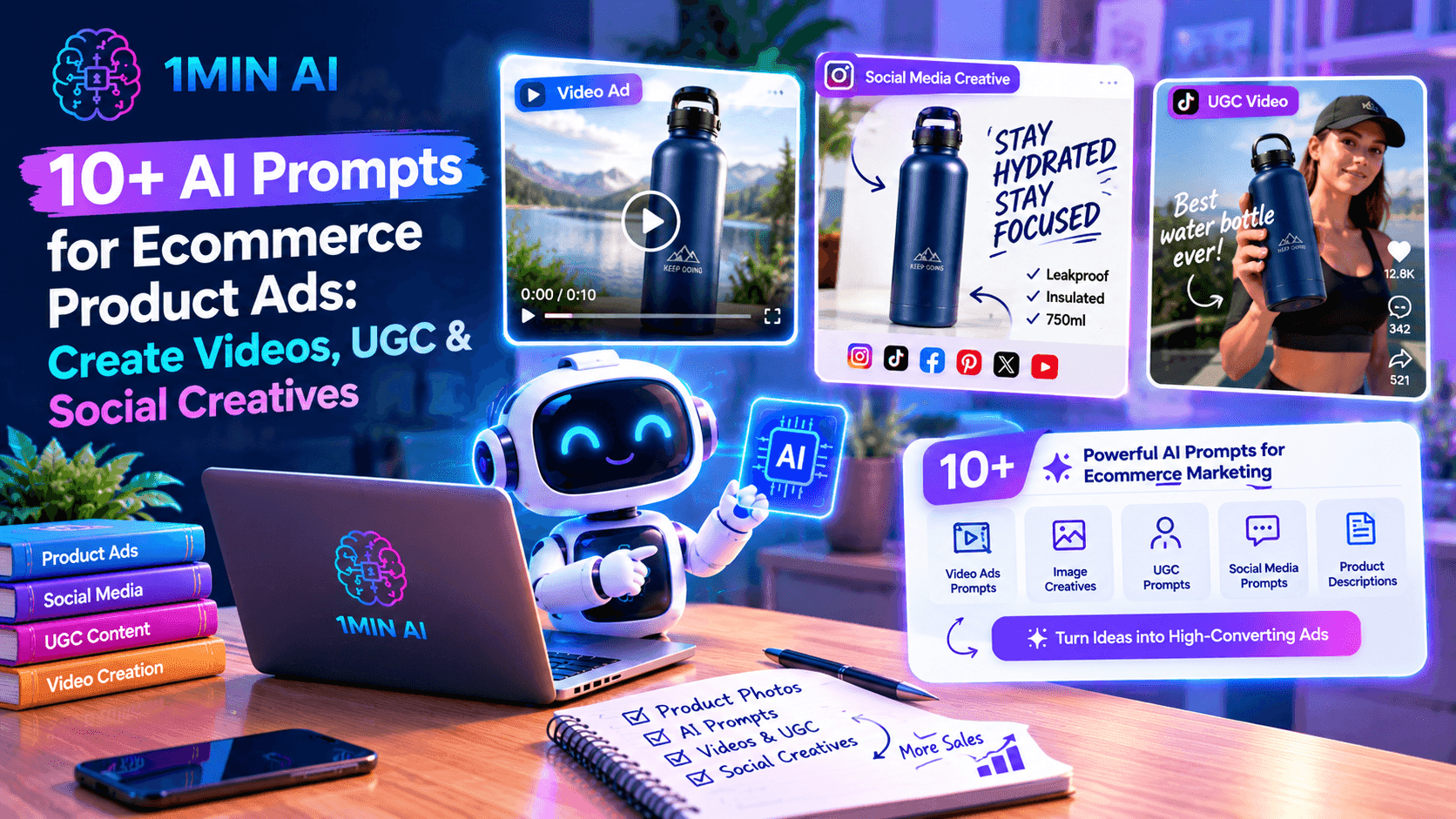 AI robot generating 10+ prompts for e-commerce product ads, videos, UGC, and social creatives.