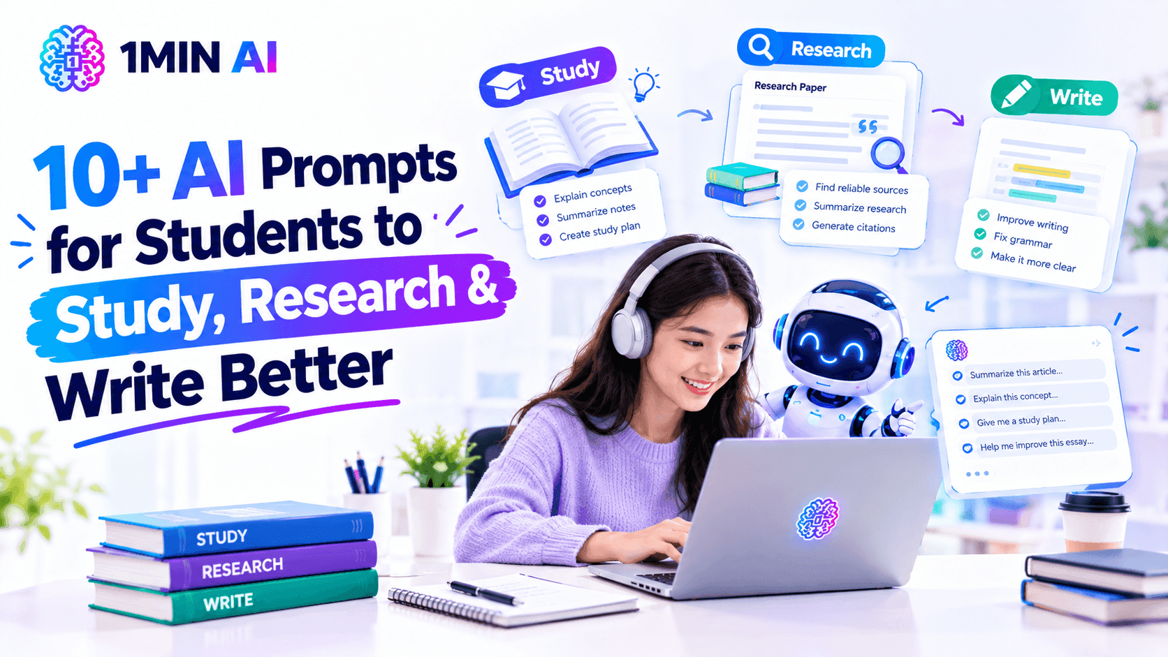 Student uses laptop with AI robot, accessing study, research, and writing prompts.