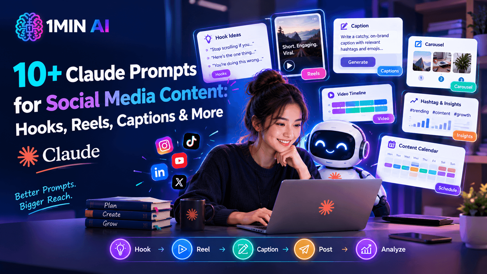 Woman and robot on laptop screen showing '10+ Claude Prompts for Social Media Content'.