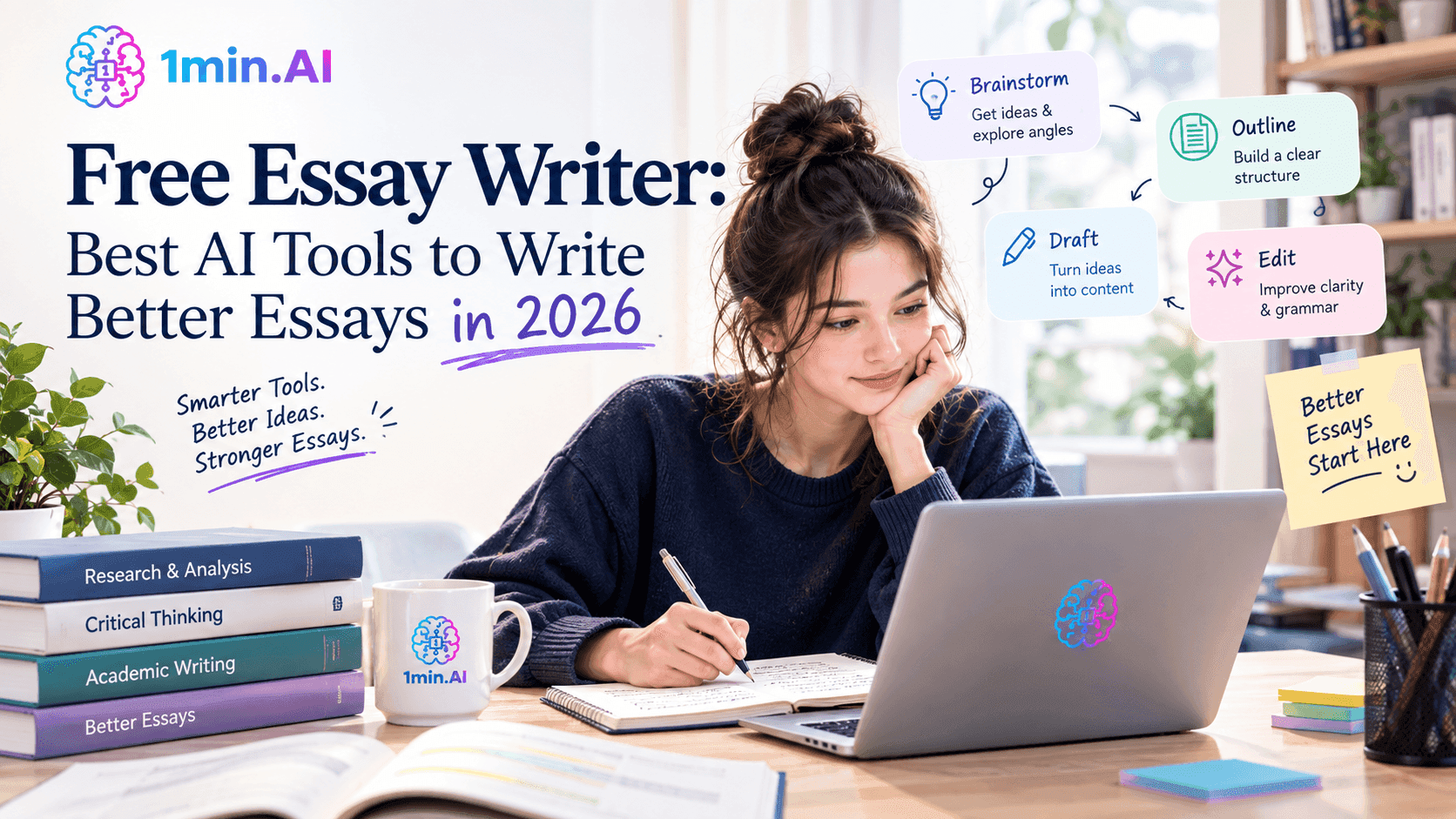 Young woman uses AI essay writing tool on laptop with robot and study books.