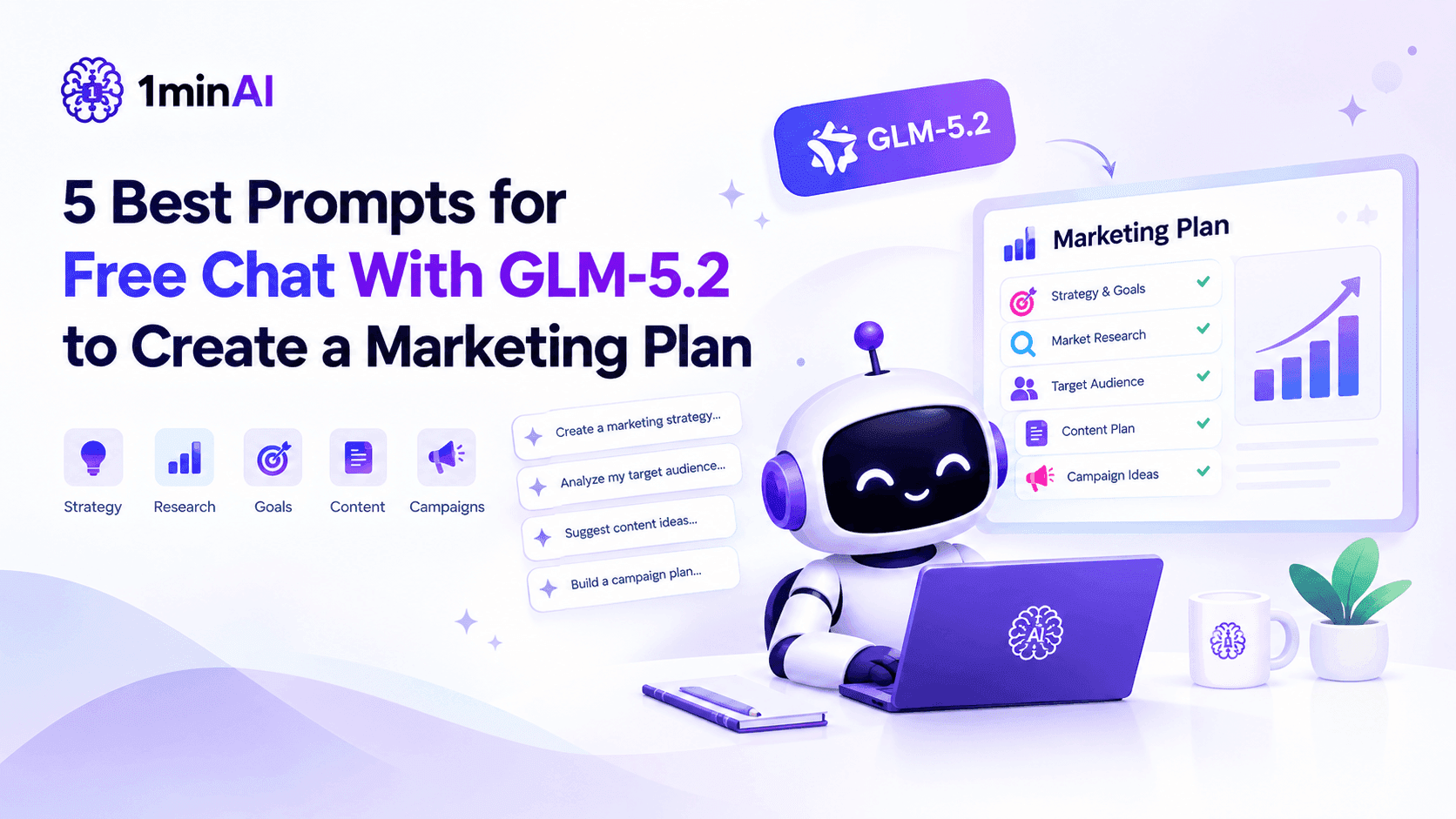 An AI robot uses a laptop to create a marketing plan with GLM-5.2 prompts.