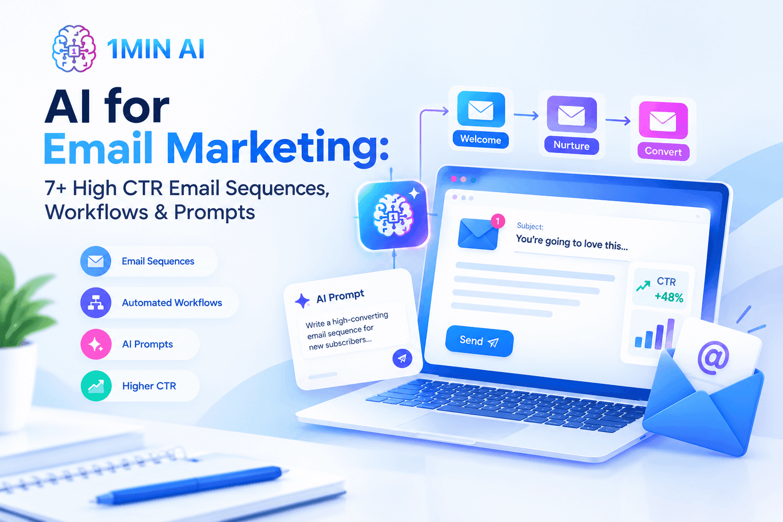 1MIN AI promoting AI for email marketing with a laptop displaying email sequences and workflows.