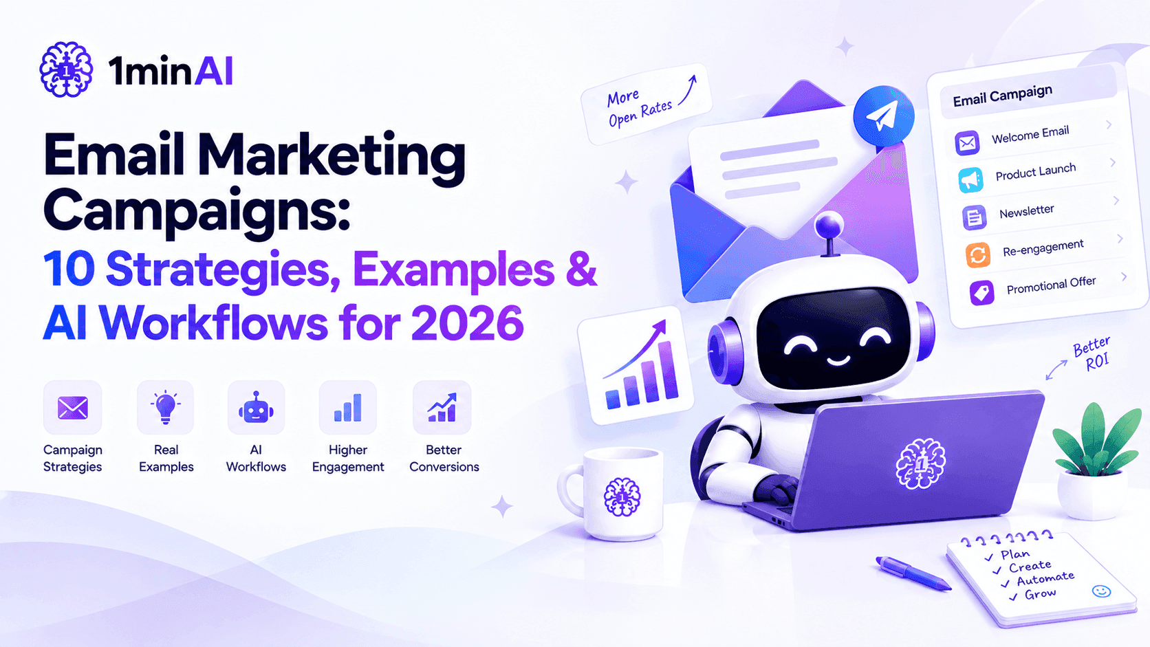 AI robot on laptop with graphics about email marketing campaigns, strategies, and AI workflows.