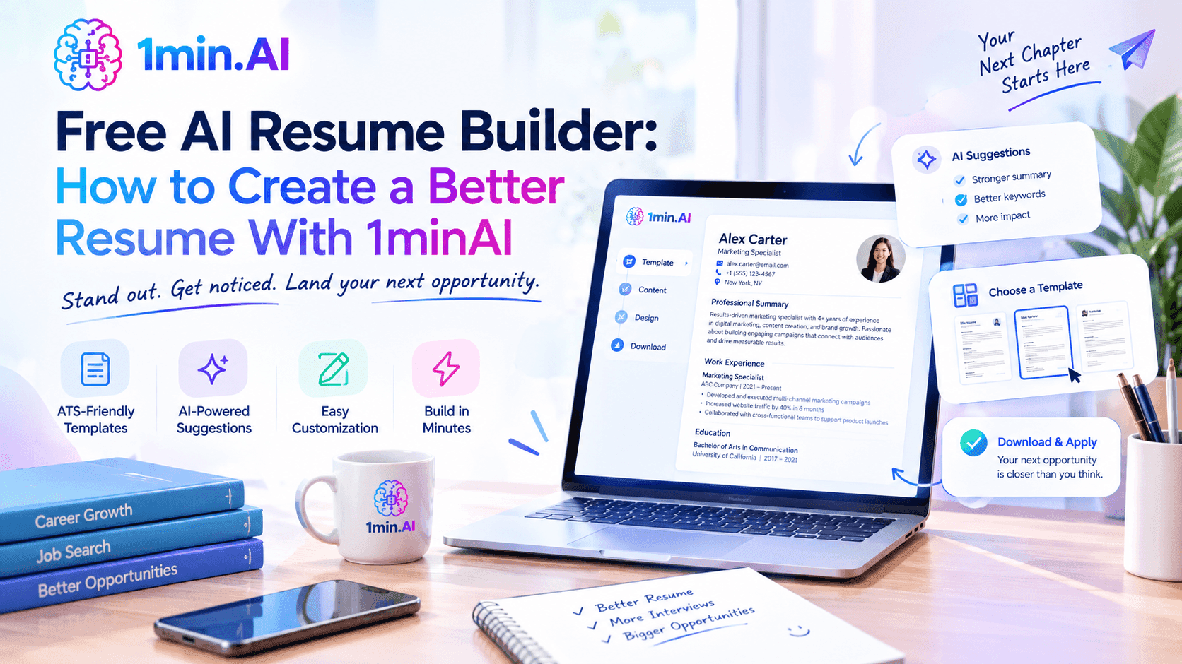 Laptop shows 1min.ai AI resume builder interface with features for creating professional resumes.