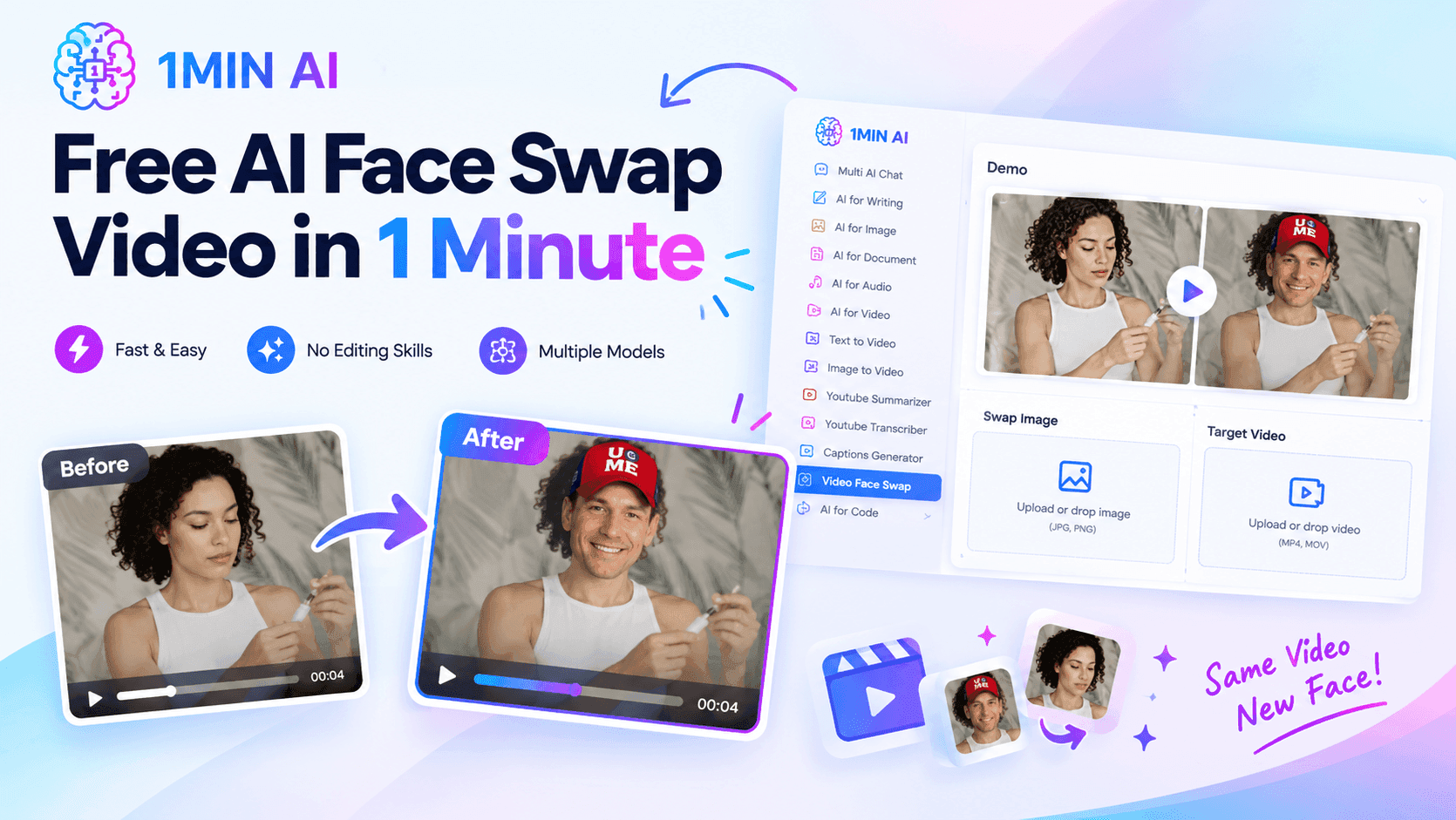 Free AI Face Swap Video in 1 Minute | 1minAI