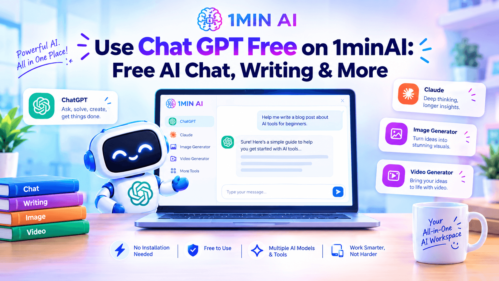 1MIN AI ad featuring free Chat GPT, AI chat, writing, and various AI tools.