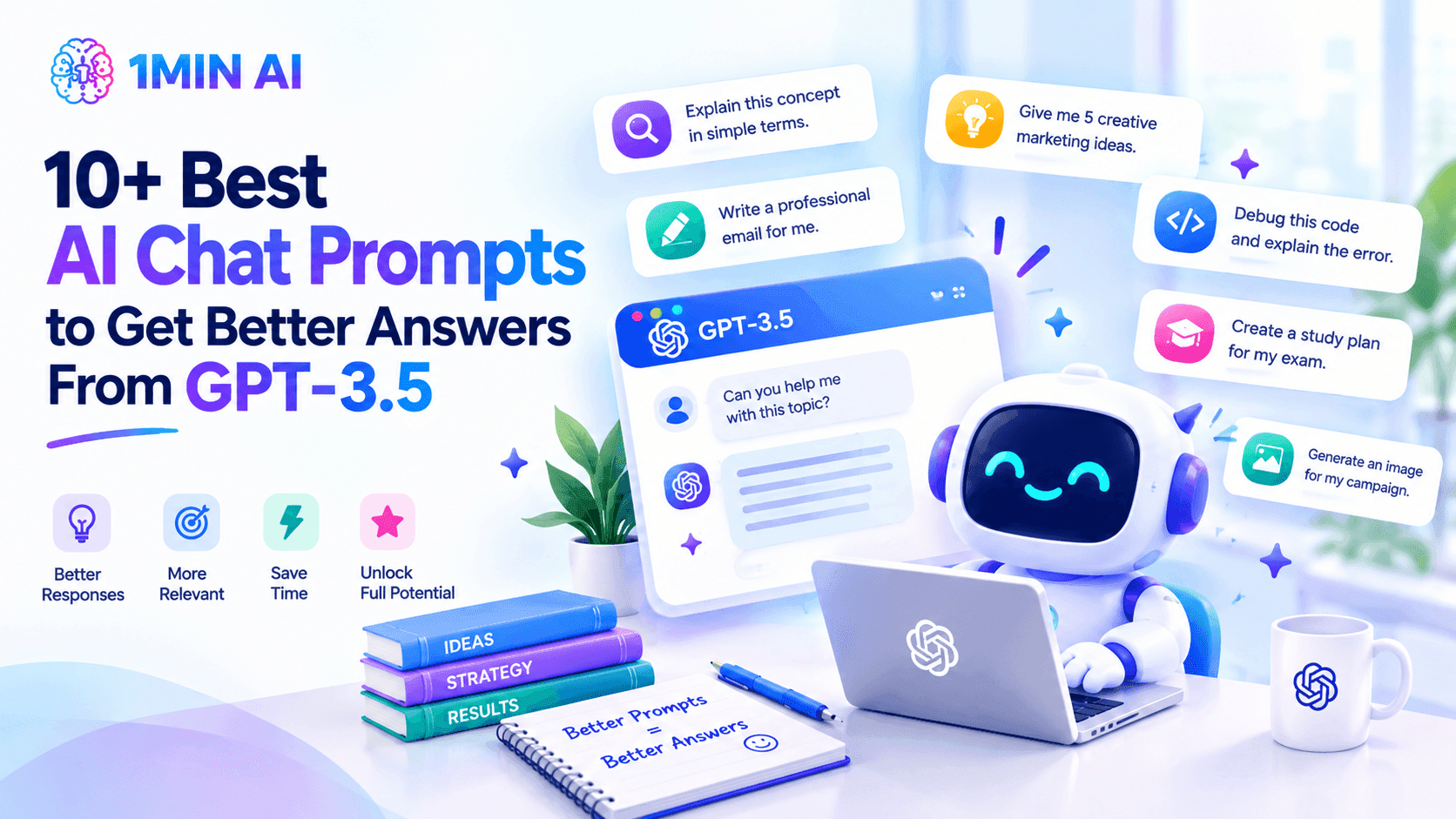 Cute robot with laptop illustrates '10+ Best AI Chat Prompts for GPT-3.5' with example prompts.