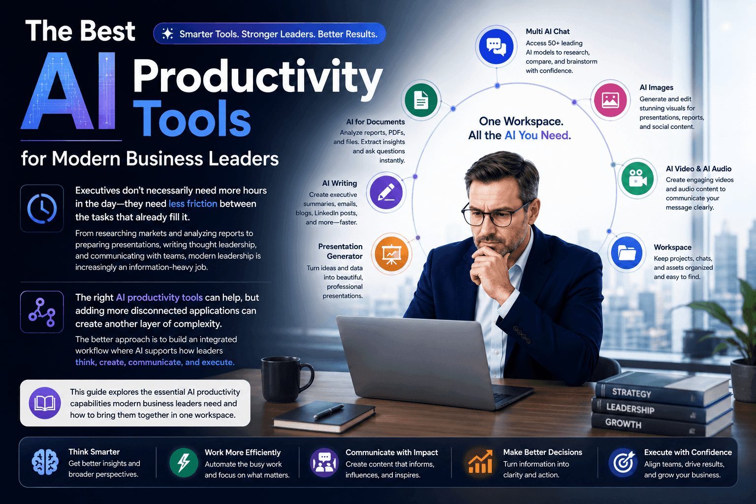 Infographic detailing AI productivity tools for modern business leaders.