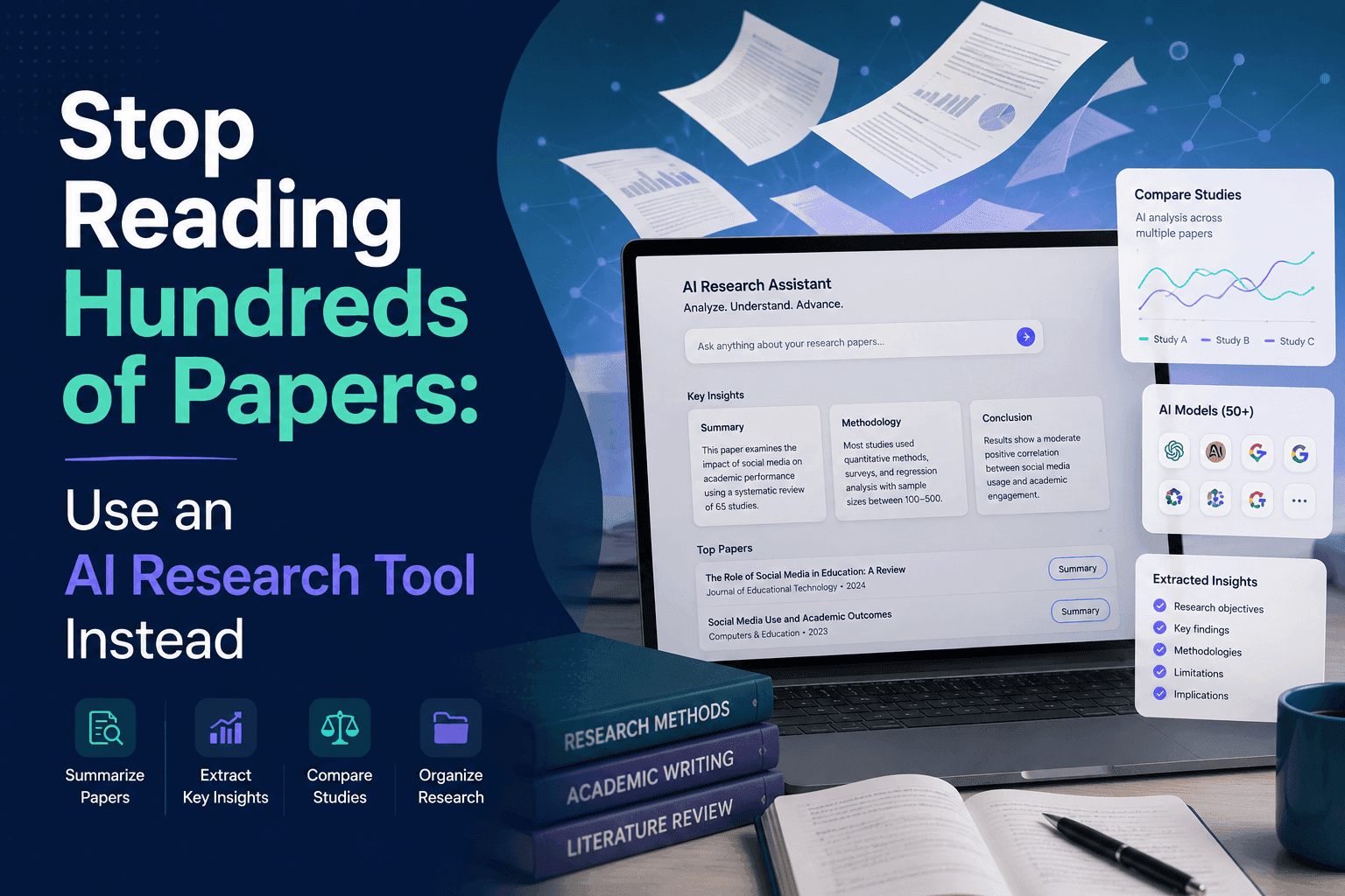 Laptop displaying an AI research assistant interface with text promoting AI tools for research.