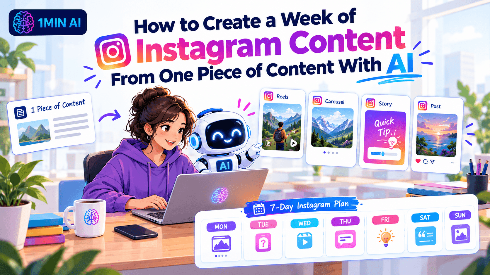 Woman and AI robot create a week of Instagram content from one piece using AI.