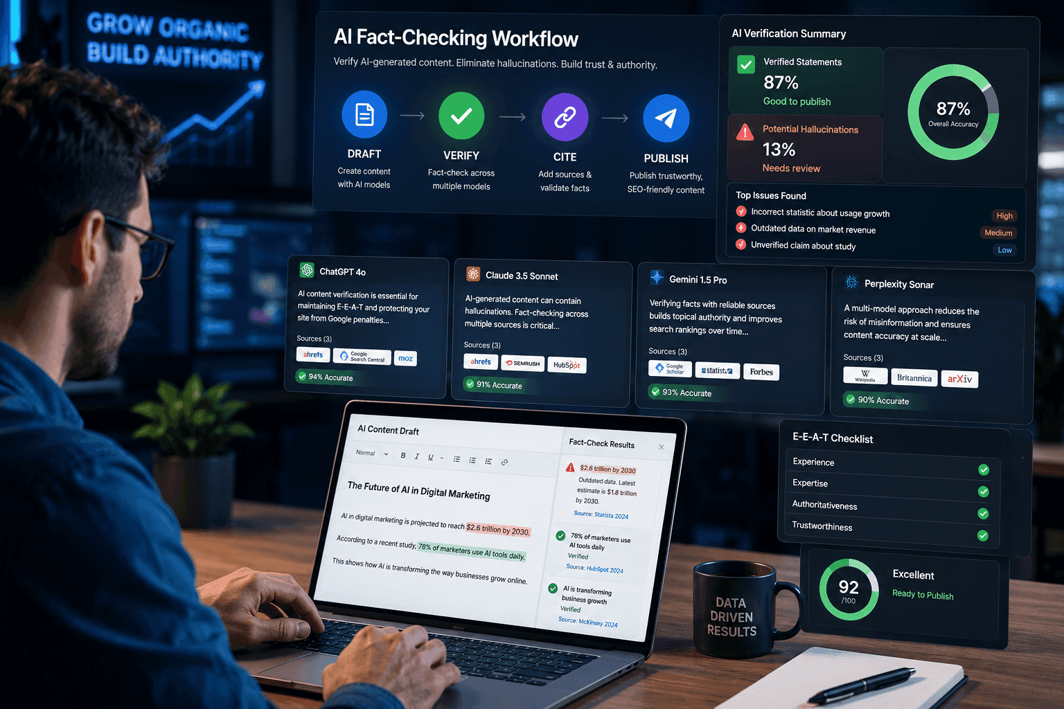SEO specialist using a multi-model AI fact checking workflow to verify AI-generated content before publishing.