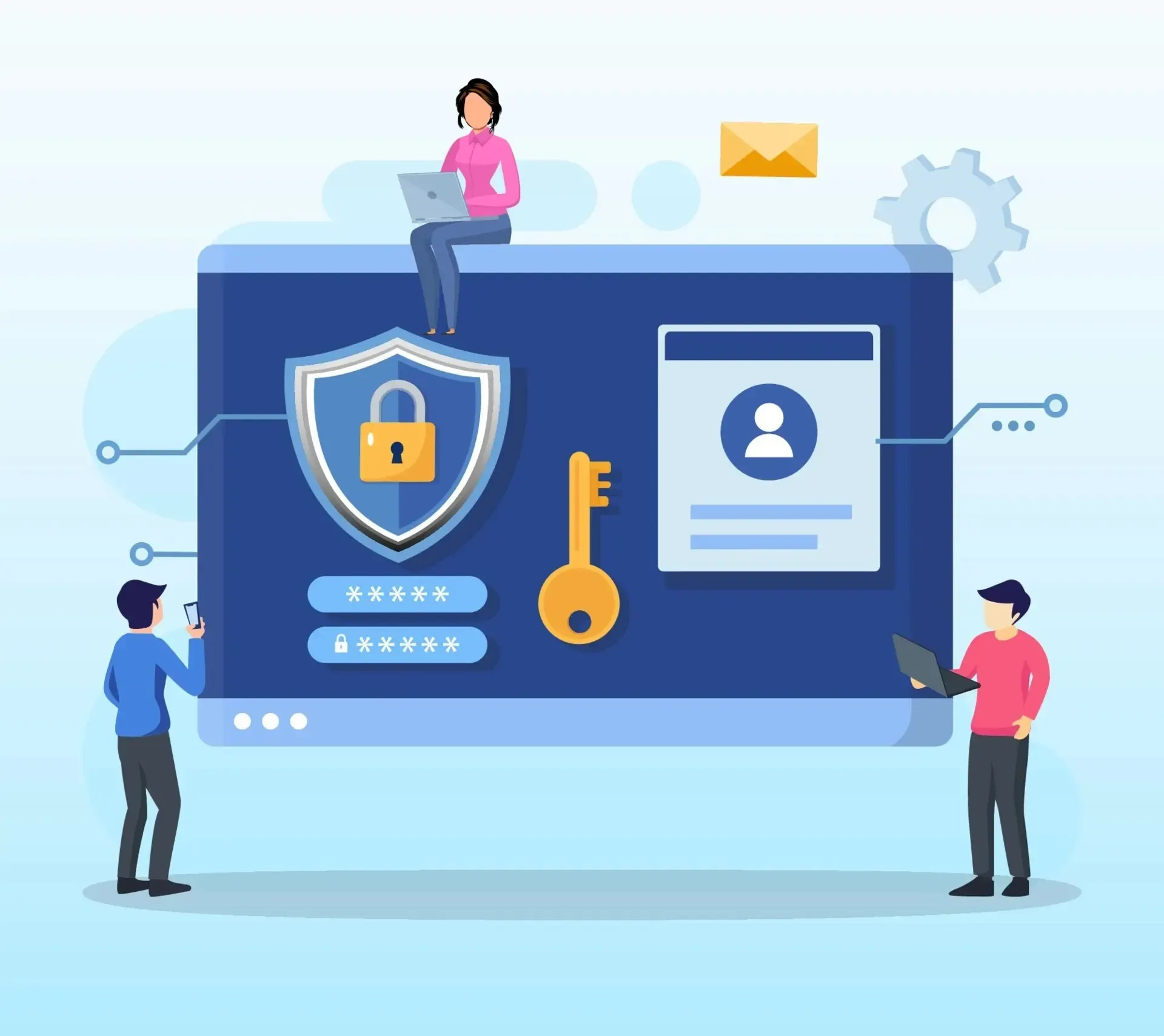Digital security illustration with shield, lock, key, and users managing online accounts.