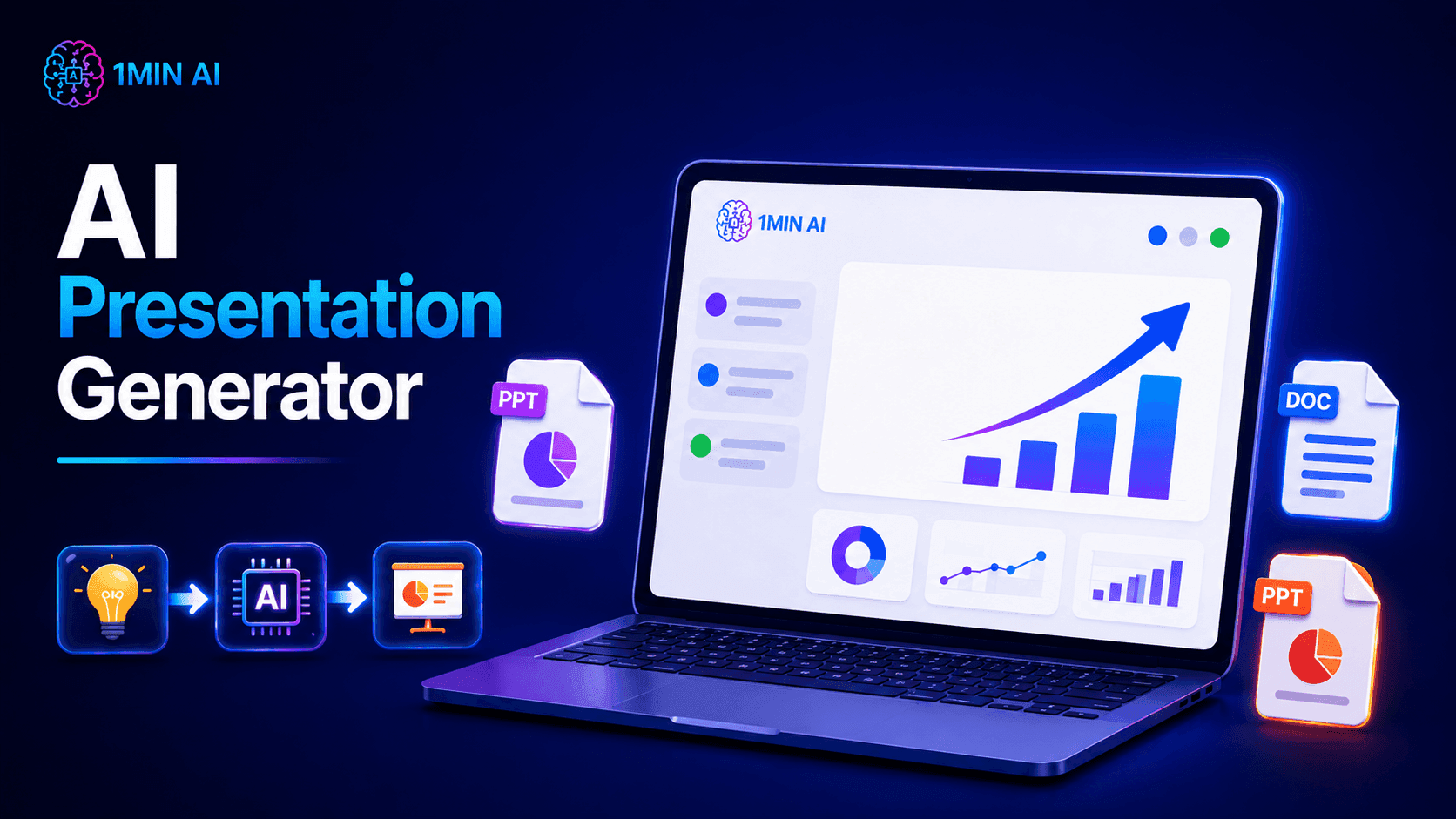 Laptop displaying business dashboard with AI Presentation Generator branding and icons.