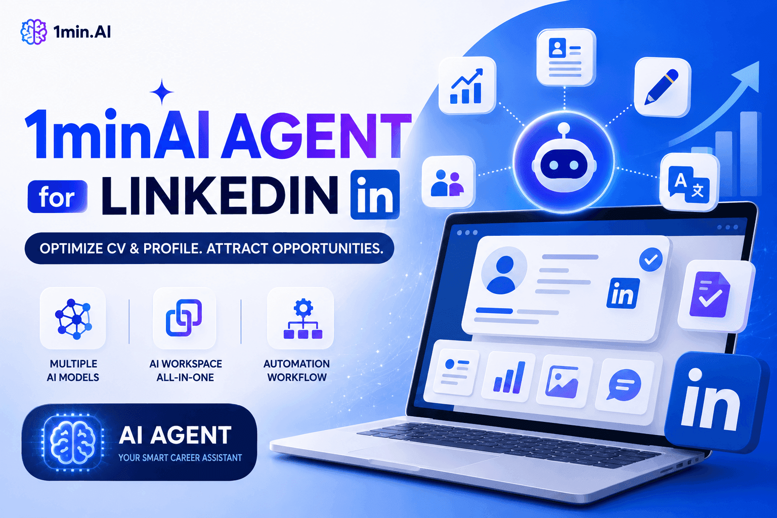 1minAI AGENT for LinkedIn advertised with a laptop displaying a profile and various AI features.
