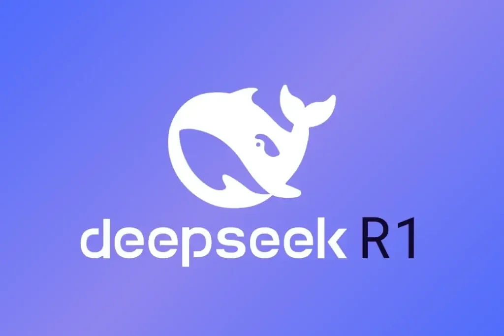 Deepseek R1 logo with a white stylized whale icon on a purple gradient background.