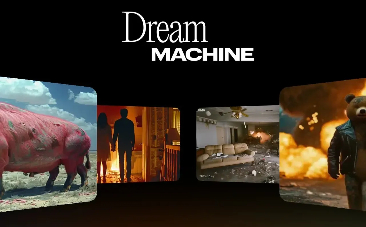 Dream MACHINE logo above four cinematic scenes, including a pink buffalo and a fiery explosion.