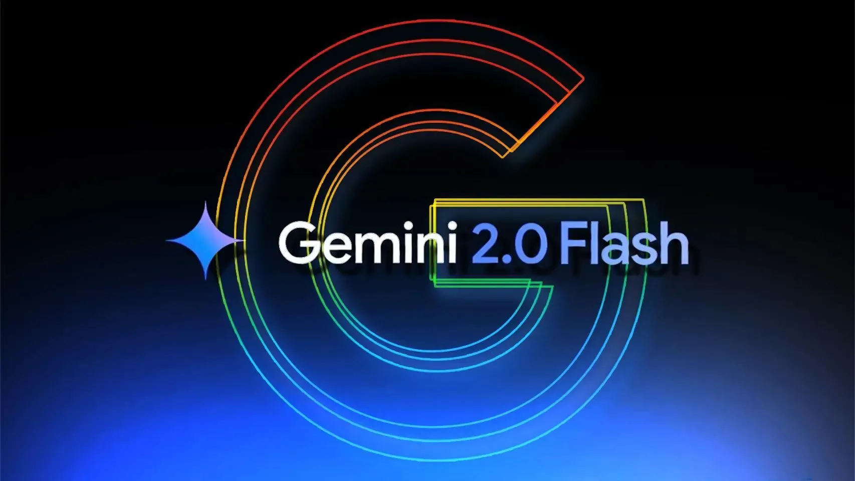 Glowing neon Google Gemini 2.0 Flash logo on a dark background.