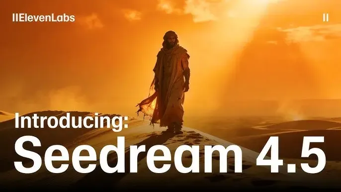 Figure stands on desert dune under bright sun, introducing Seedream 4.5.