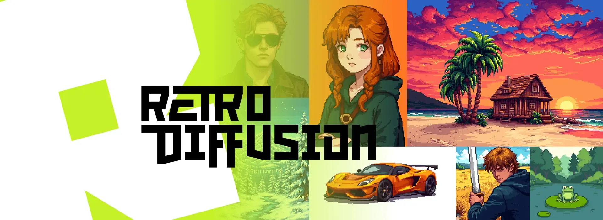 Retro Diffusion text over a collage of diverse art styles, including anime characters and landscapes.