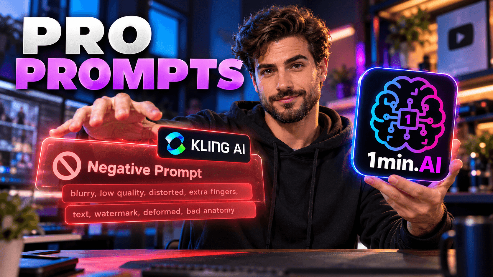 Man holding holographic screens: 'Negative Prompt' with keywords and '1min.AI' with a brain icon.