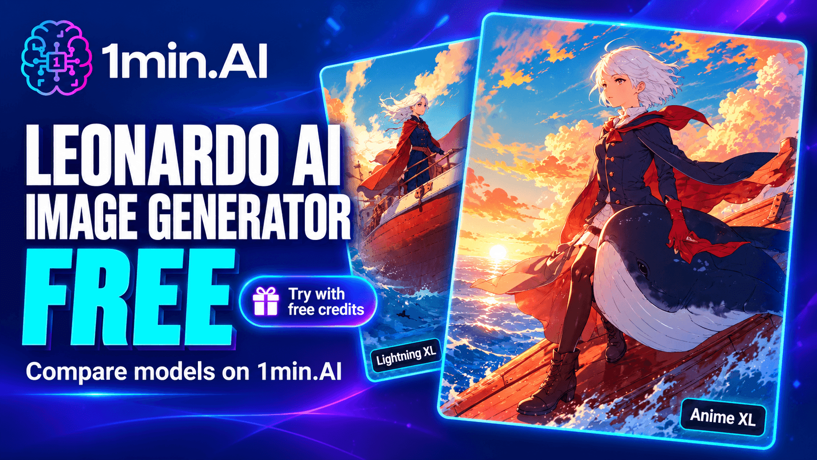 Leonardo AI image generator thumbnail featuring Lightning XL and Anime XL sky captain images alongside the 1min.AI logo and free credit offer.
