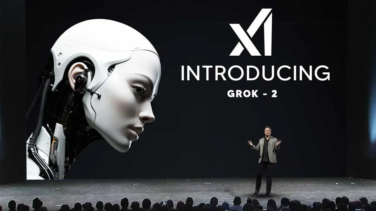 A screen displays a futuristic robot head and 'INTRODUCING GROK - 2' with a presenter.