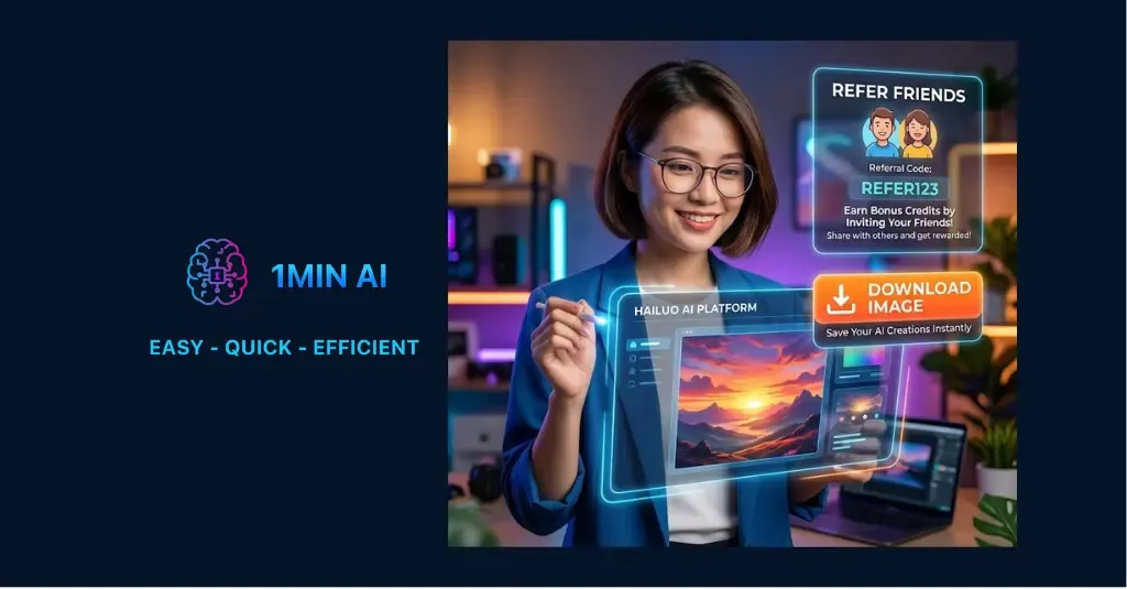 Smiling woman interacts with a holographic AI interface displaying images, text, and icons.