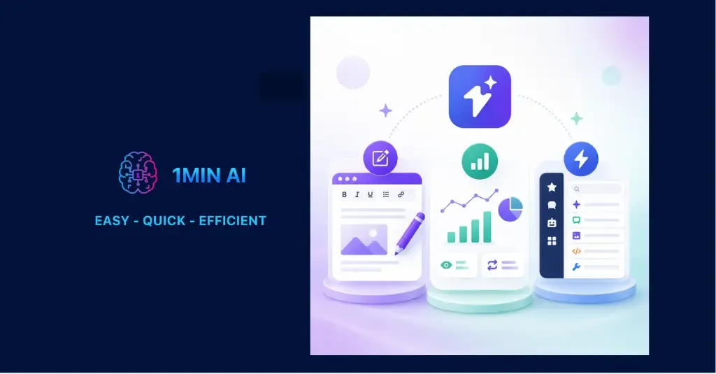 1MIN AI logo, slogan, and digital interfaces with data charts and app icons.