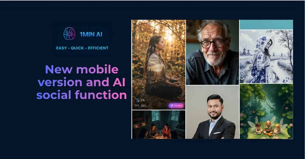 Banner promoting 'New mobile version and AI social function' alongside a collage of diverse images.