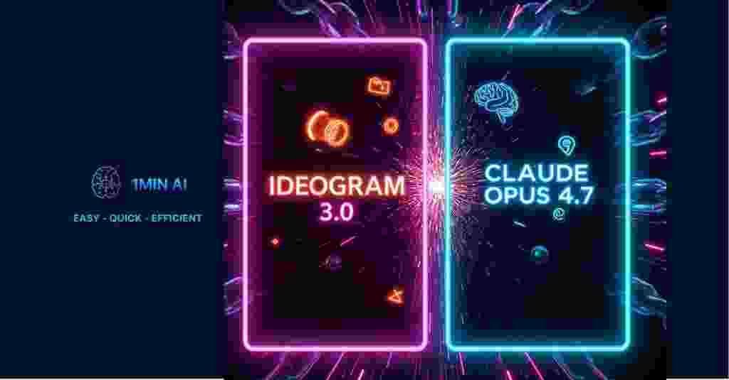 Two glowing neon boxes compare Ideogram 3.0 and Claude Opus 4.7 AI models.