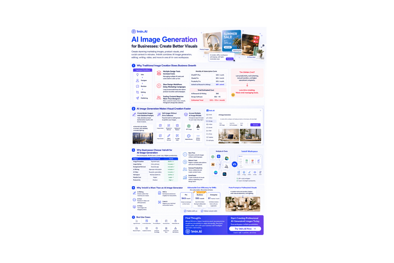 Infographic detailing AI image generation for businesses with features and visual examples.