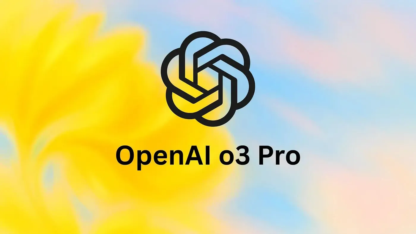 OpenAI logo with 'OpenAI o3 Pro' text on a vibrant yellow and blue gradient background.