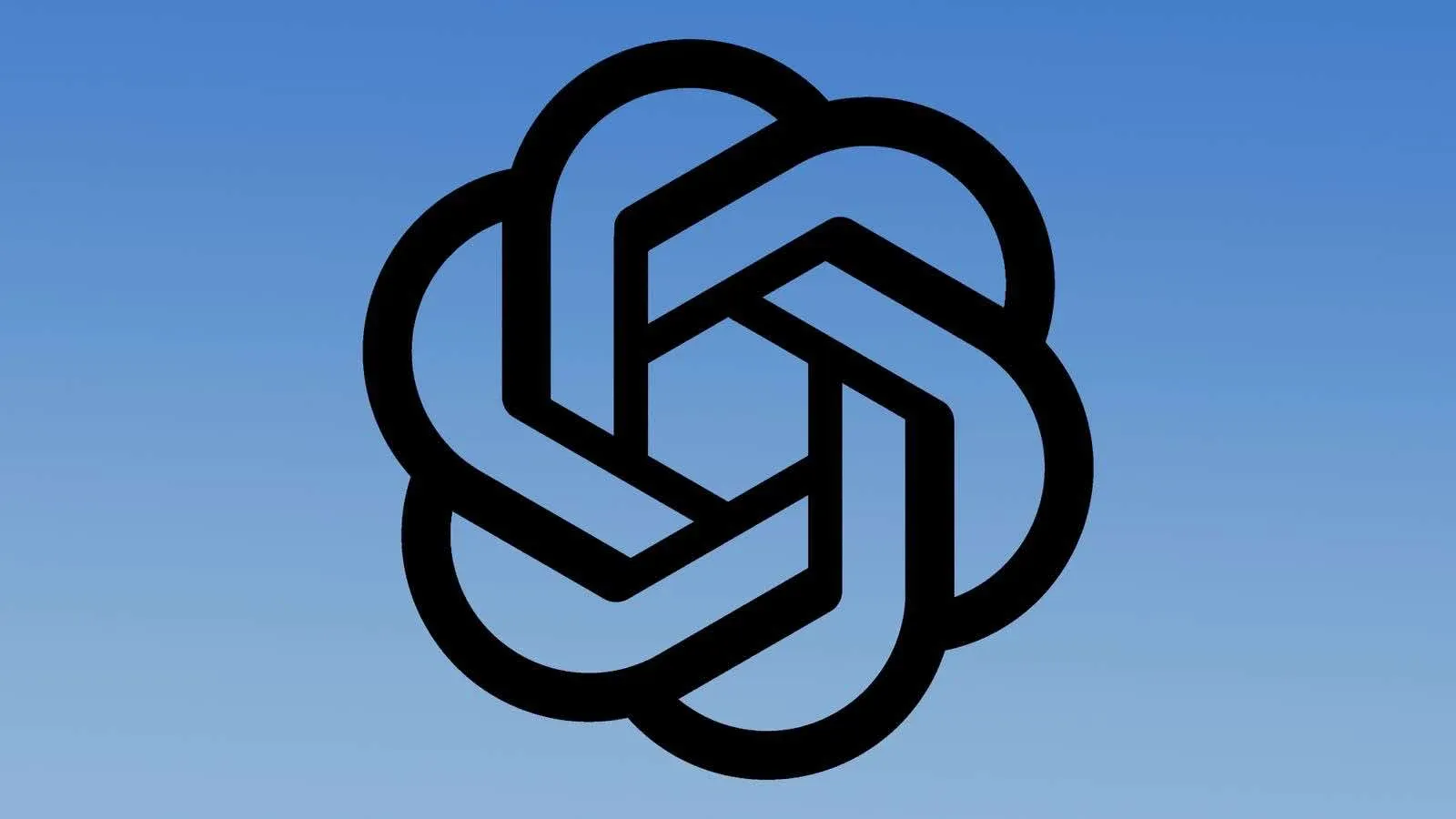 Black stylized knot logo, resembling a complex interweaving, against a blue gradient background.