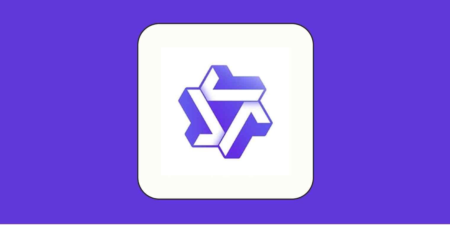 Abstract 3D purple geometric logo on a white square, set against a purple background.