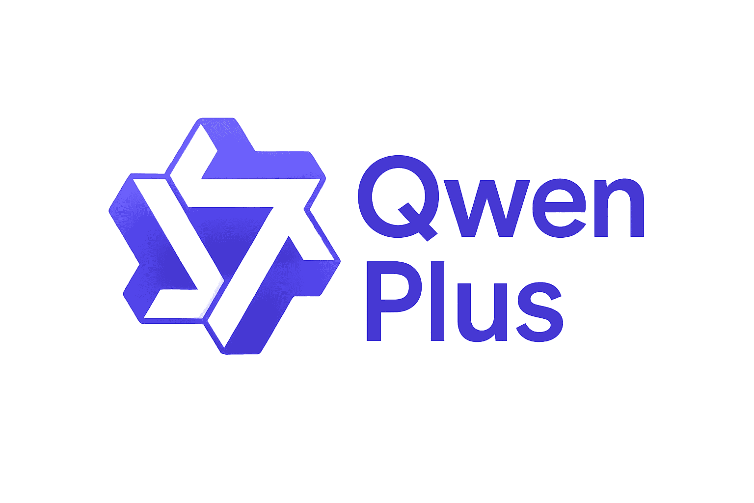 Purple geometric logo with the text "Qwen Plus" on a white background.
