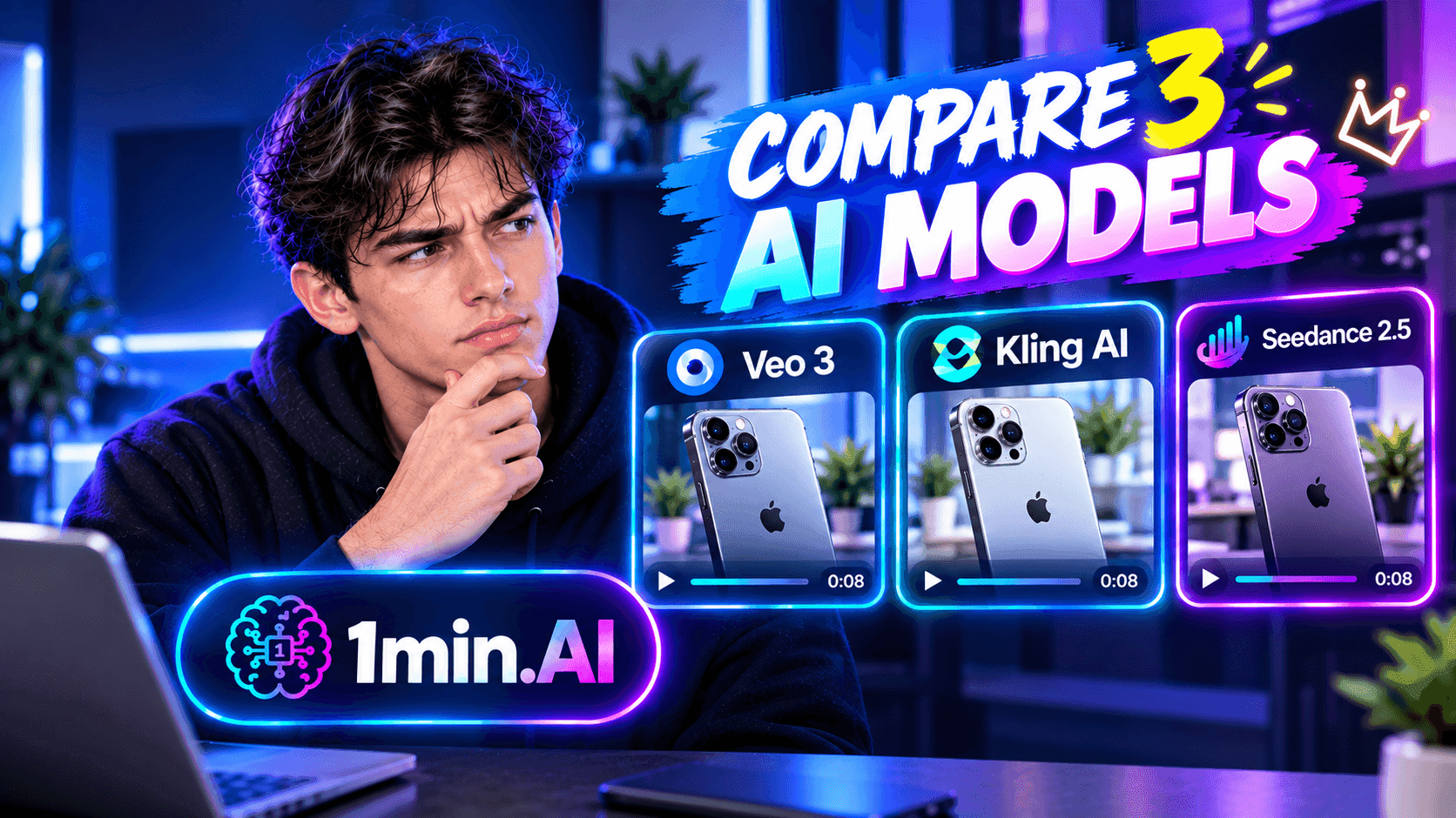 Thoughtful man evaluates Voe 3, Kling AI, and Seedance 2.5 AI models for iPhones.