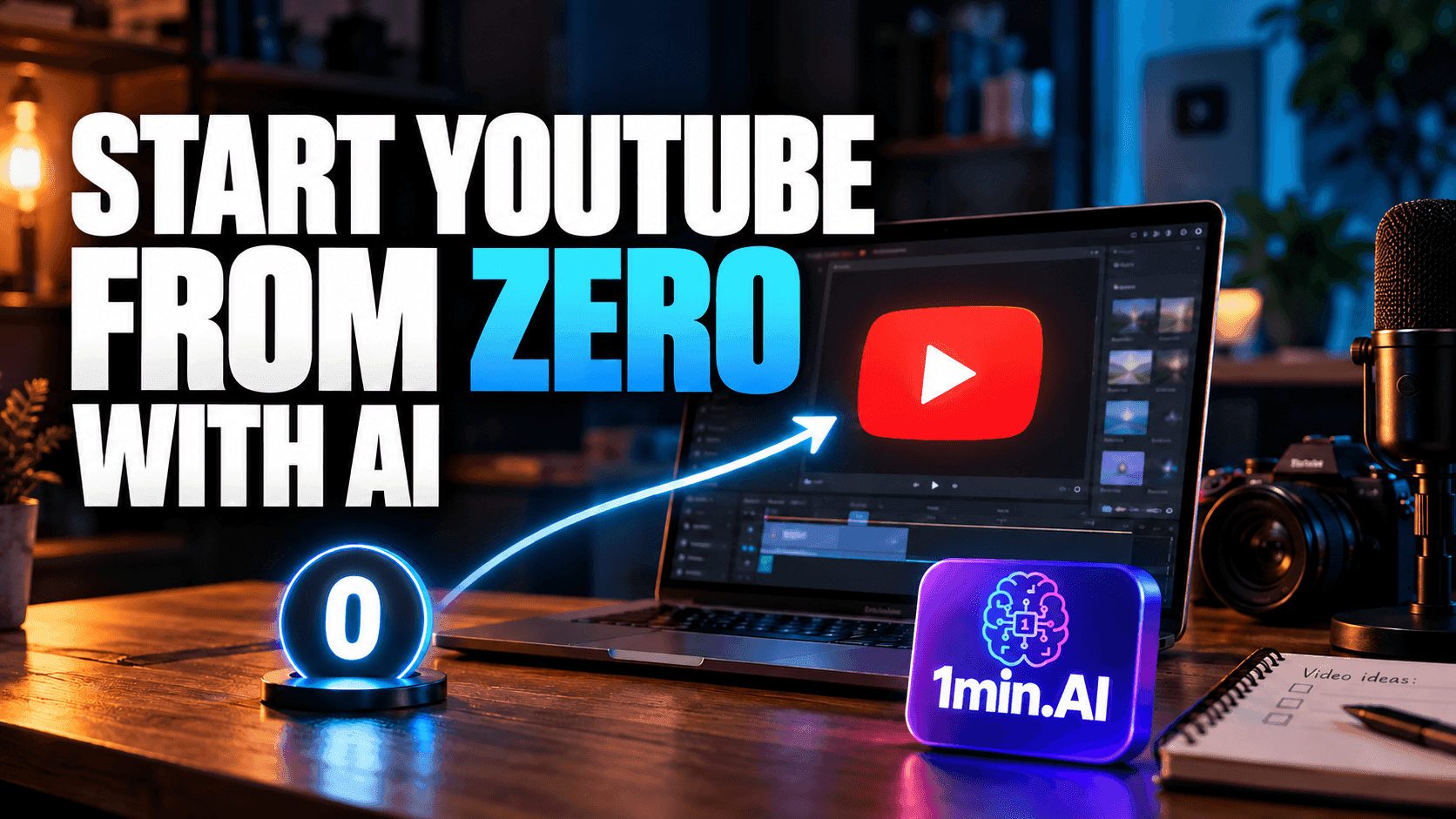 Text 'START YOUTUBE FROM ZERO WITH AI' on a desktop with a laptop and camera.