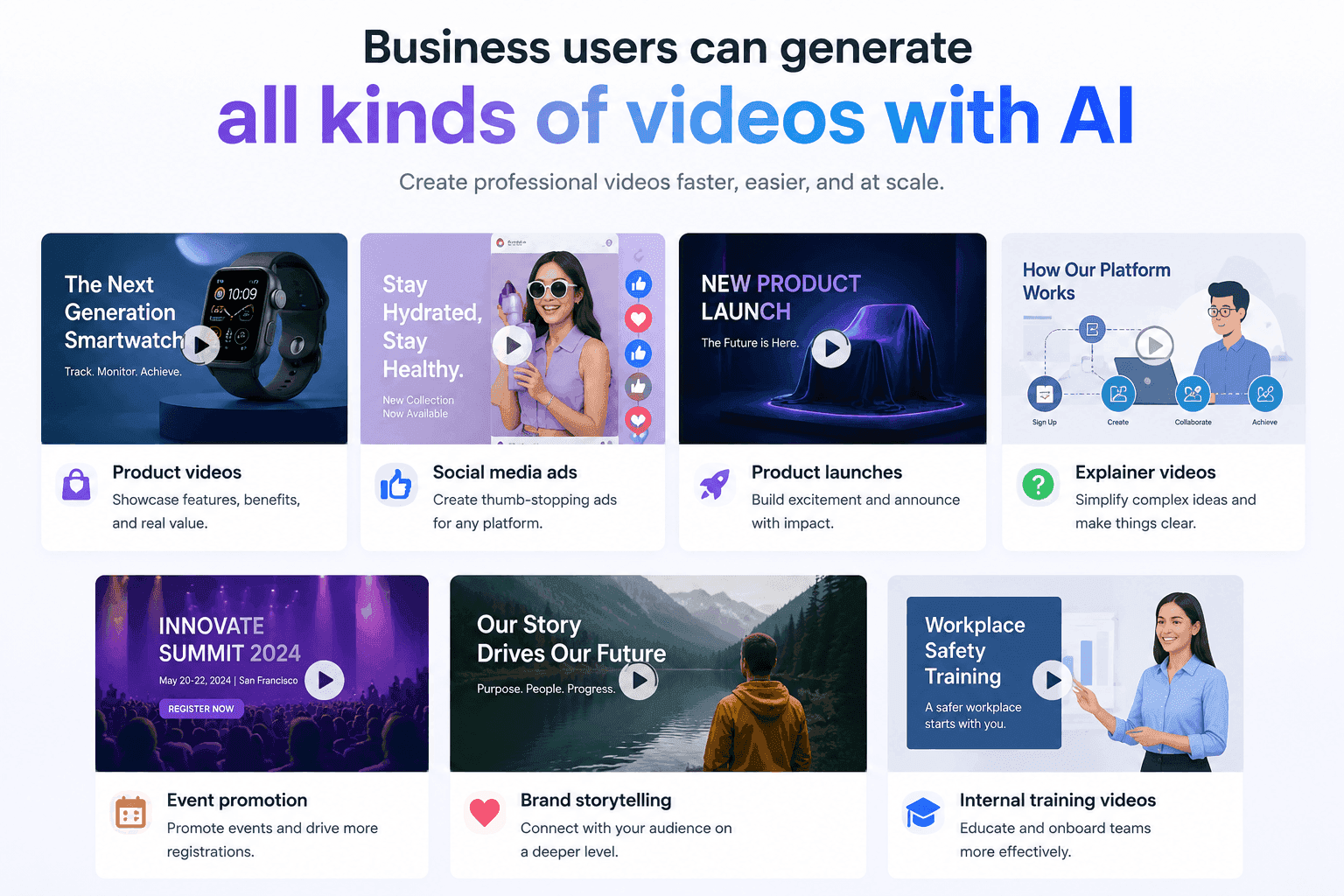 Examples of various video types businesses can create with AI, like product launches and social ads.