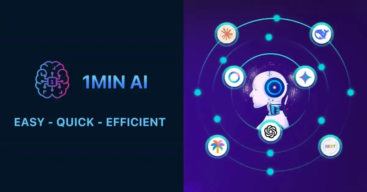 1MIN AI logo, brain icon, and stylized AI head surrounded by technology icons.