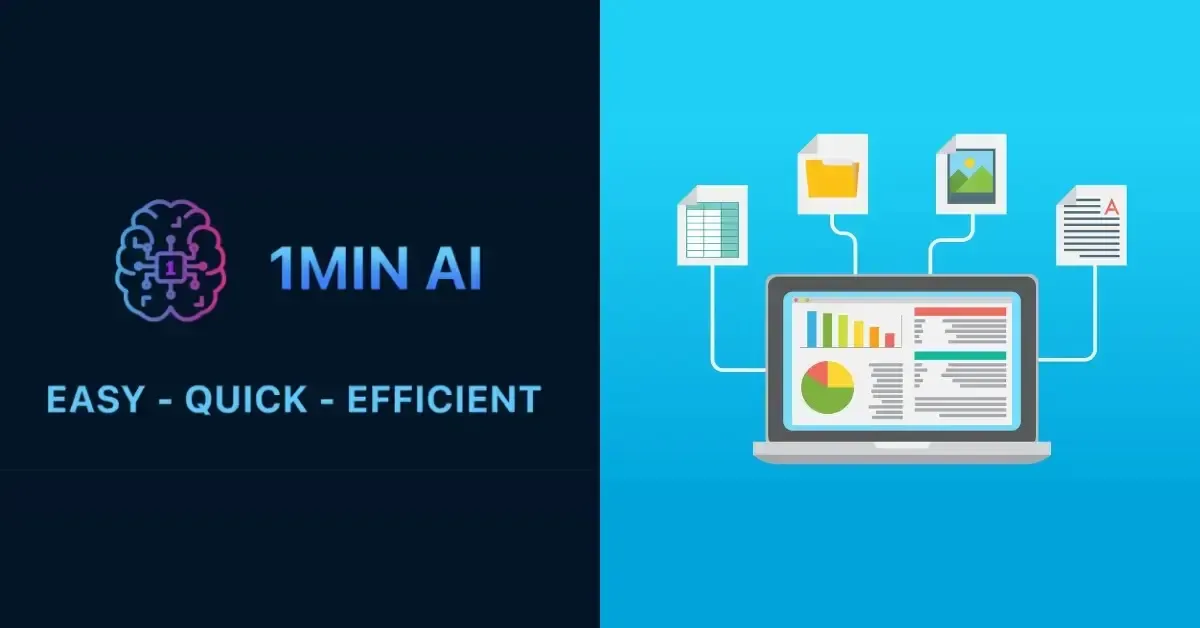 1MIN AI logo and brain icon, alongside a laptop showing data and document types.