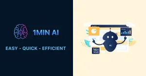 Split image showing 1MIN AI logo with slogan and an AI robot interacting with data analysis.