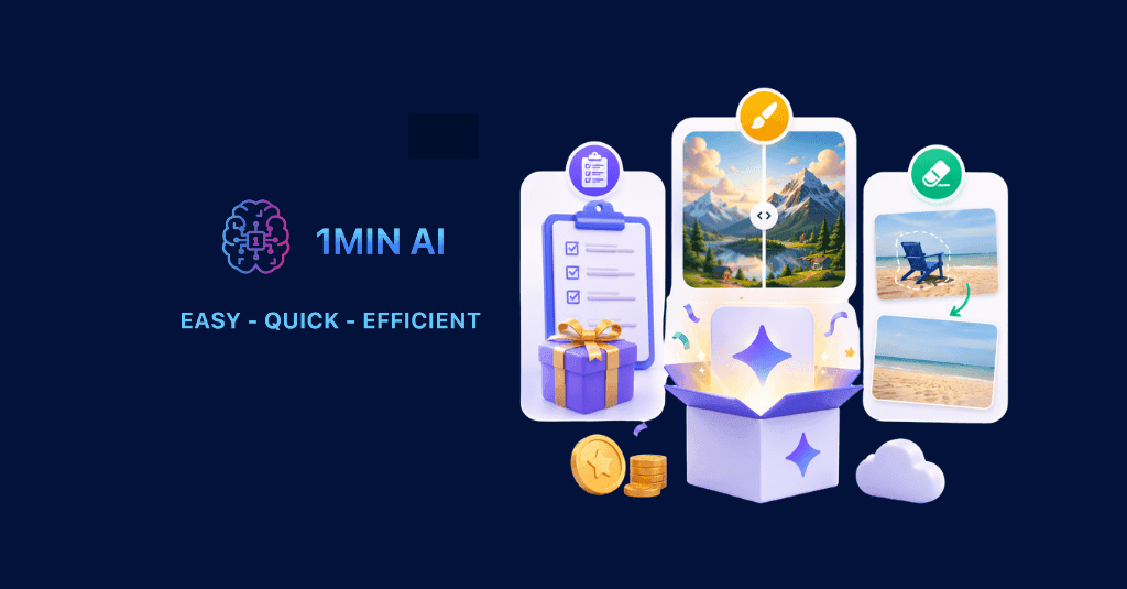 1MIN AI logo, 'EASY QUICK EFFICIENT' text, gift box, checklist, and edited image screens.